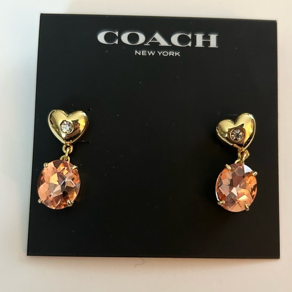 Authentic Coach Heart and Pink Stone Drop Earrings NEW - Picture 1 of 3